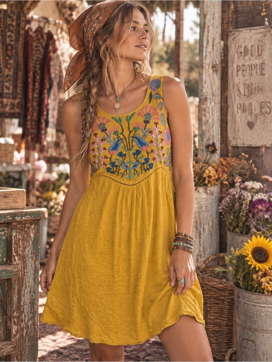 Sundance Dresses & Skirts - Sundance Linen Embroidered Floral Boho Dress XS Mustard Yellow Folk Art